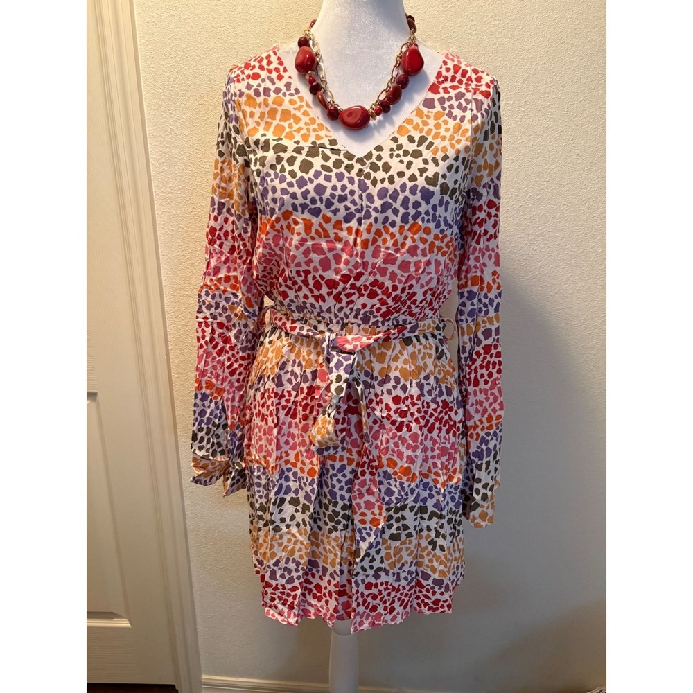 Emily Wonder Multi-Color Animal Print V-Neck Bell Sleeve Mini Dress Tie‎ Waist
